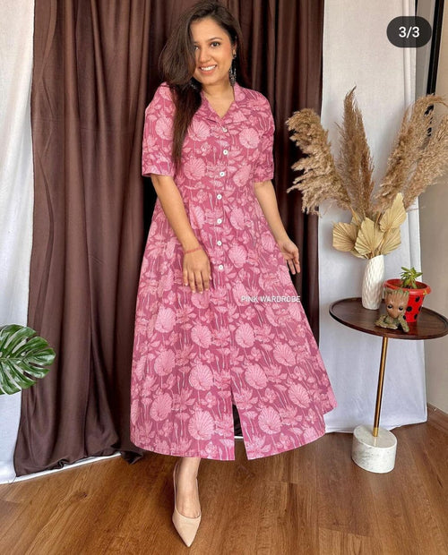 Pink floral cotton dress for women with buttons and short sleeves by Cotton Suit