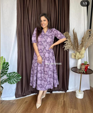 Cotton Suit pink floral cotton dress for women modeled indoors with plants and wooden floor