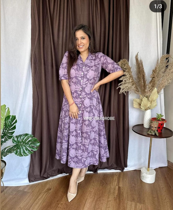 Cotton Suit pink floral cotton dress for women modeled indoors with plants and wooden floor