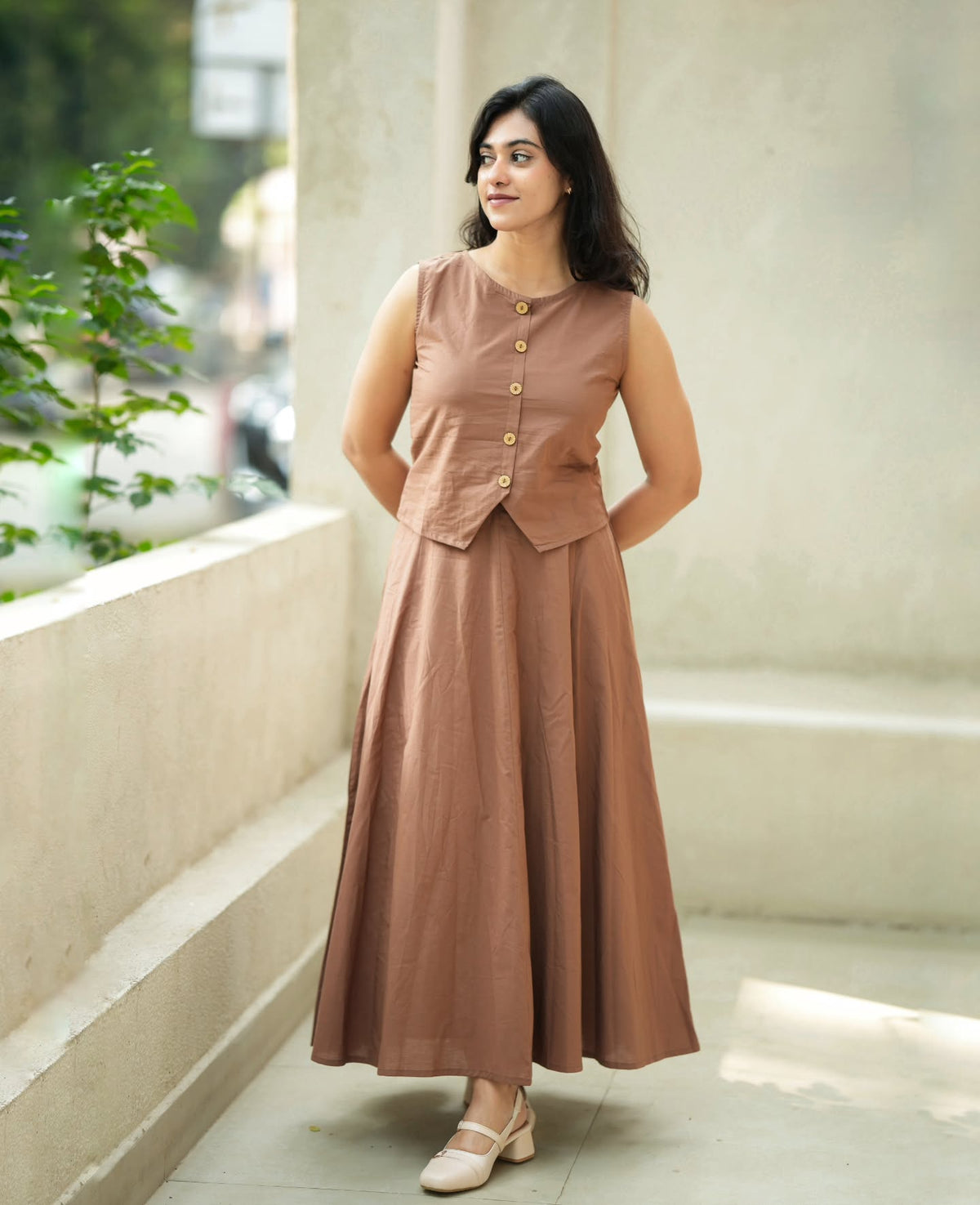 Cocoa Brown Flared Sleeveless Co-Ord Set