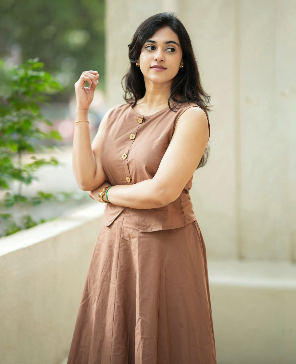 Cocoa Brown Flared Sleeveless Co-Ord Set