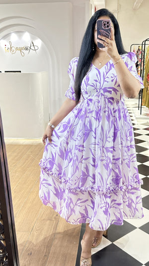 Cotton Suit women's casual cotton midi dress with purple floral print and puff sleeves