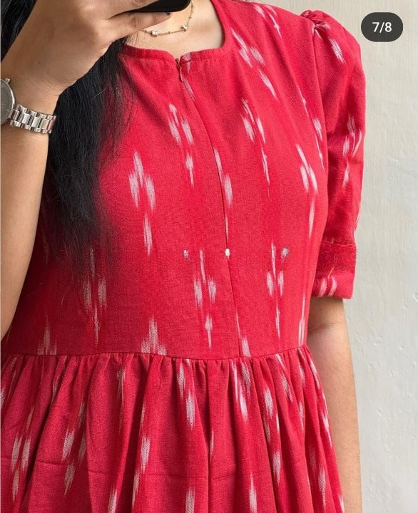 Cotton Suit red cotton printed midi gown featuring a gathered waist and subtle white patterns