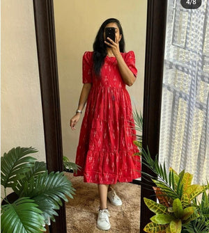Cotton Suit red cotton printed midi gown with puff sleeves and tiered skirt styled with white sneakers