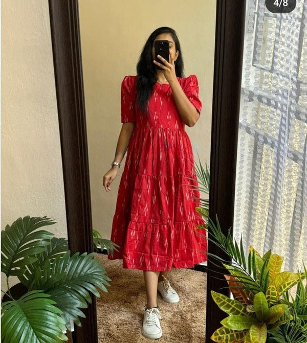 Cotton Suit red cotton printed midi gown with puff sleeves and tiered skirt styled with white sneakers