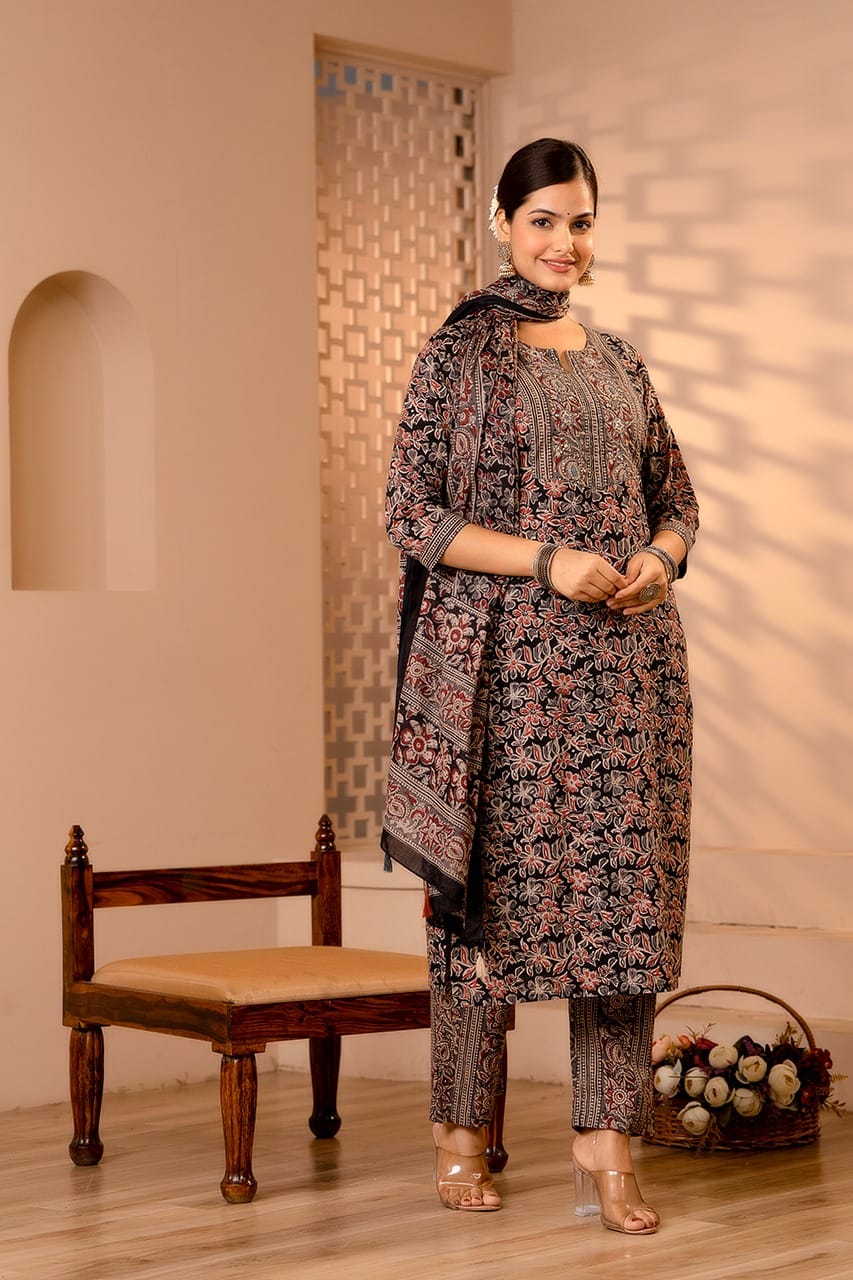 Jaipuri Kalamkari Print Designer kurti pant dupatta set