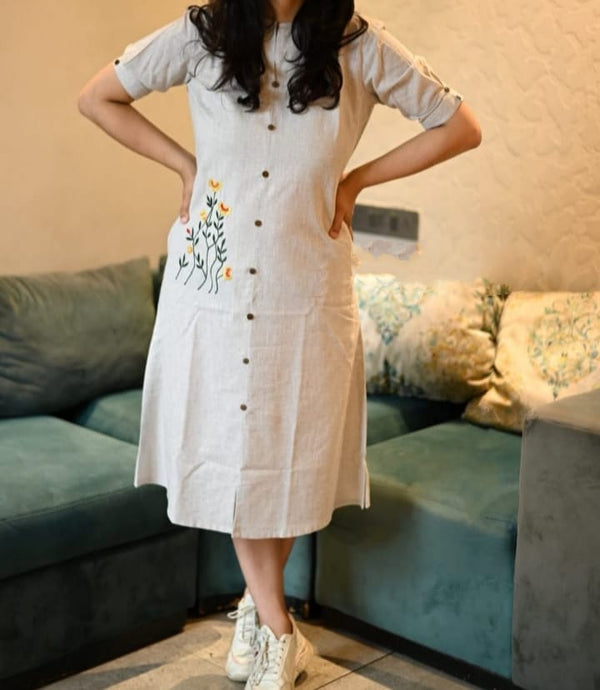 Jaipuri pehnawa women's khadi cotton outfit beige buttoned dress with floral embroidery