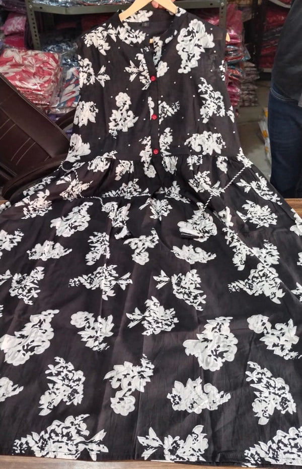  Cotton Suit sleeveless floral cotton dress black gown with white flower patterns