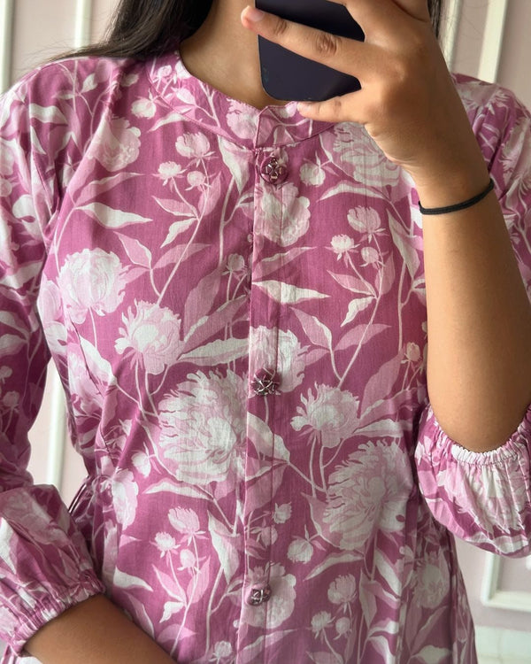 Cotton Suit pink floral printed summer daily wear dress for women with button front and elastic sleeves