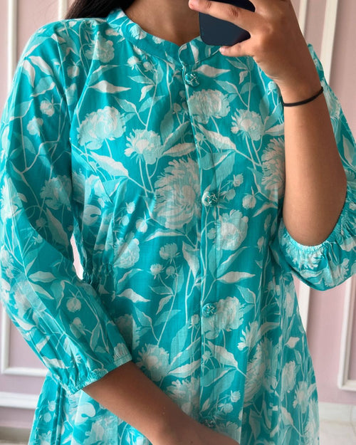 Cotton Suit turquoise summer daily wear dress for women with white floral print and button closure