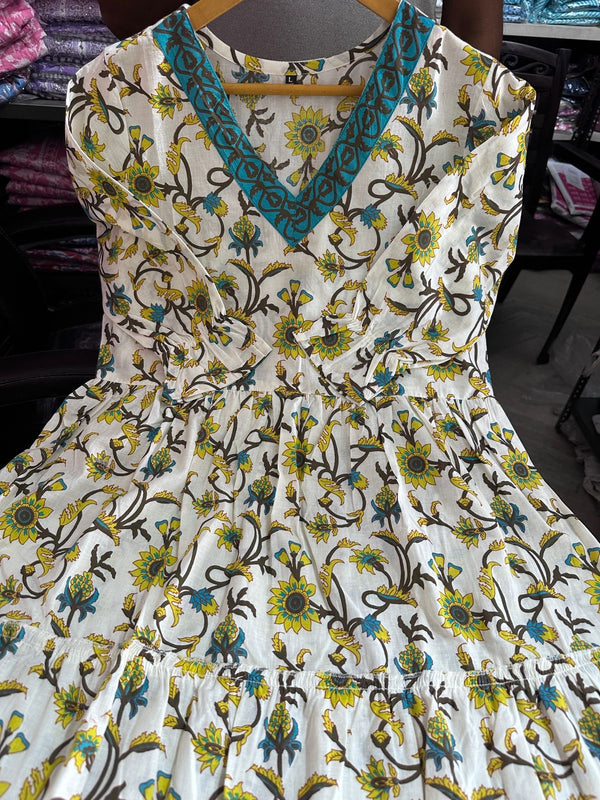 Cotton Suit women's cotton anarkali dress with yellow and blue floral print and teal embroidered neckline