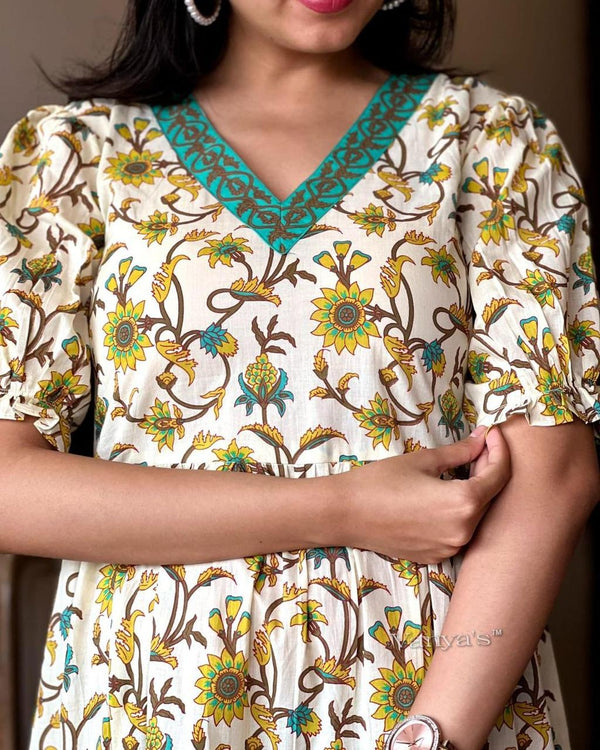  women's cotton anarkali dress with floral print and teal embroidered neckline