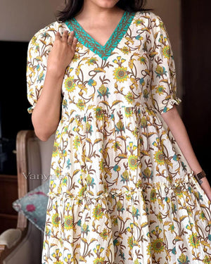 Cotton Suit women's cotton anarkali dress with floral print and teal embroidered neckline