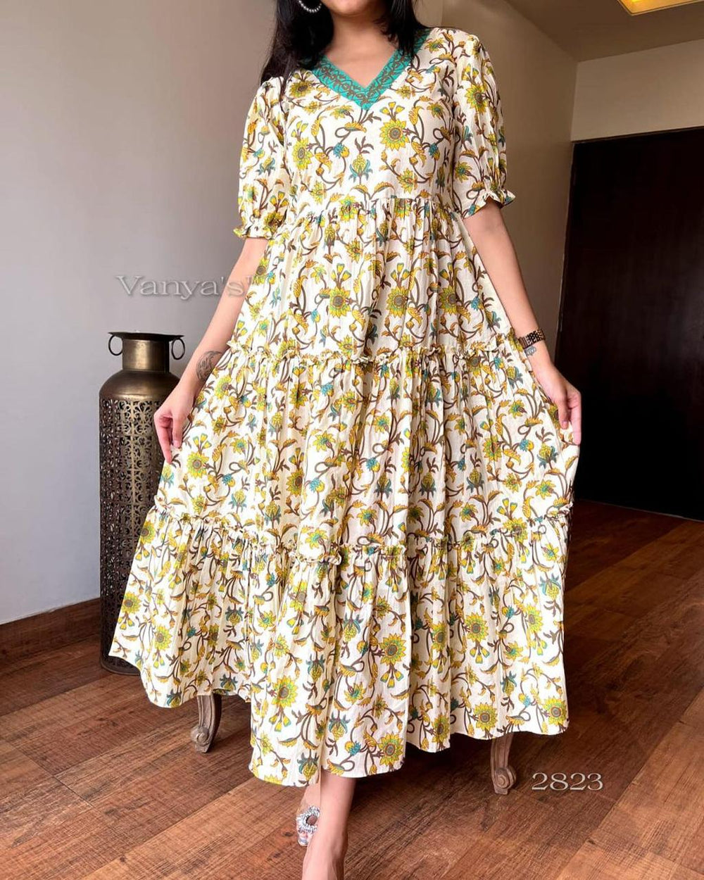 Cotton Suit women's cotton anarkali dress with floral print and tiered design in soft fabric