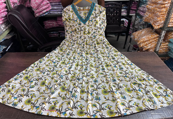 Cotton Suit women's cotton anarkali dress gown with floral print and blue embroidery neckline