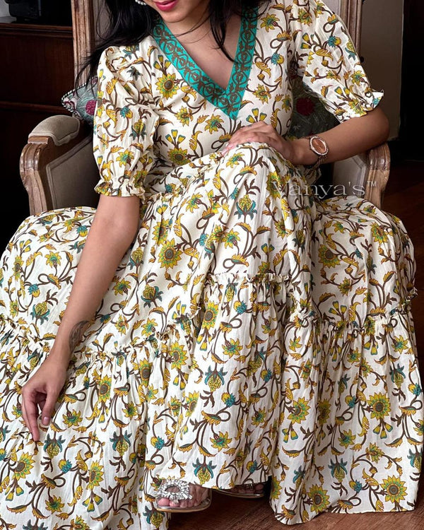 Cotton Suit women's cotton anarkali dress with floral print and puff sleeves in white and green