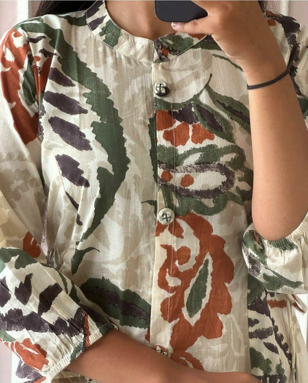 Cotton Suit casual cotton midi gown with earthy floral print and button front detail