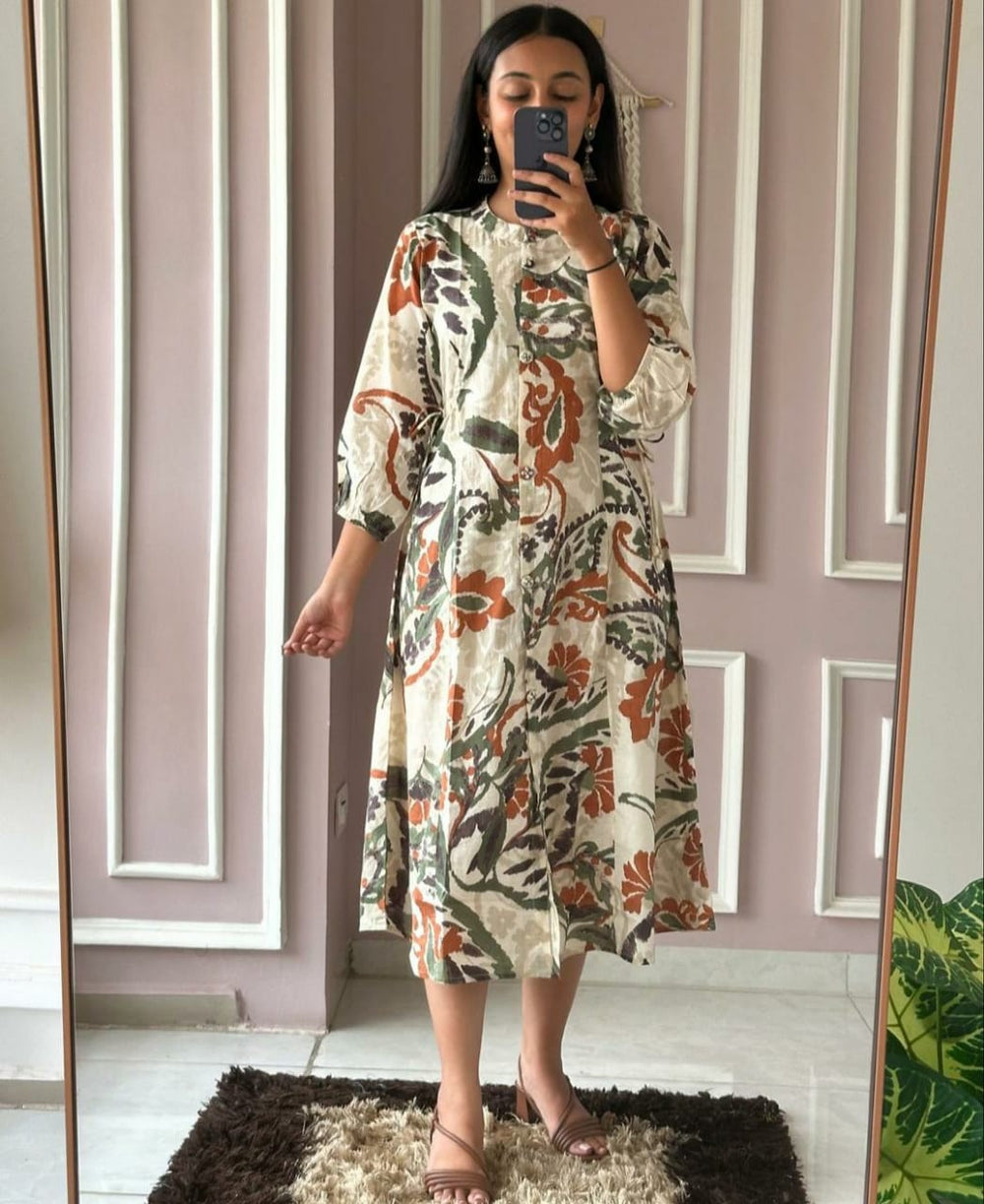Cotton Suit casual cotton midi gown with abstract floral print worn by woman taking mirror selfie