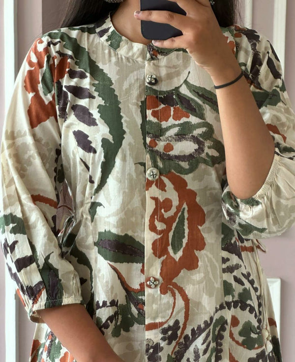 Cotton Suit casual cotton midi gown with button front and green brown floral print design