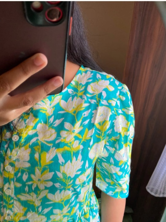  Cotton Suit green cotton midi dress for women with white and yellow floral print and button details