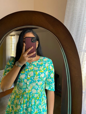  Cotton Suit green cotton midi dress for women with floral print and button detail in mirror selfie