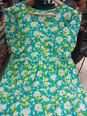  Cotton Suits green cotton midi dress for women with white and yellow floral print and button details
