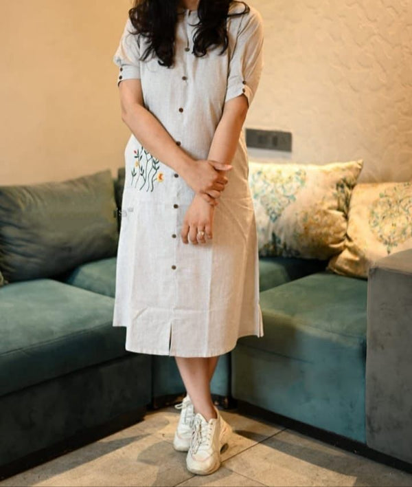 Cotton Suit grey cotton midi dress for women with button-down front and floral embroidery