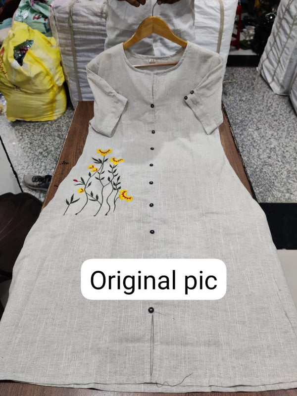 Cotton Suit grey cotton midi dress for women featuring button-down front and floral embroidery