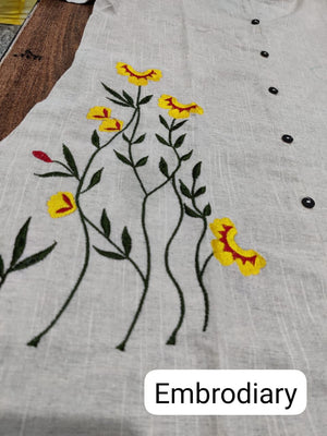Cotton Suit grey cotton midi dress for women with yellow floral embroidery and black buttons