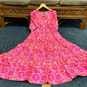 Pink lehriya print casual dress for women with floral patterns and long sleeves by Cotton Suit