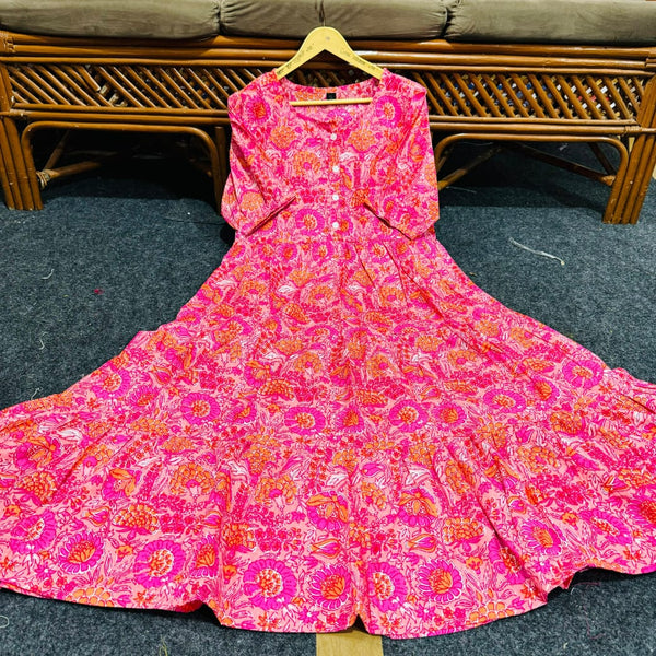 Pink lehriya print casual dress for women with floral patterns and long sleeves by Cotton Suit