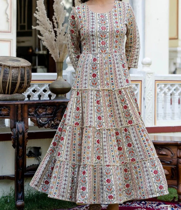 Cotton Suit multicolor printed cotton dress gown with full sleeves and floral patterns