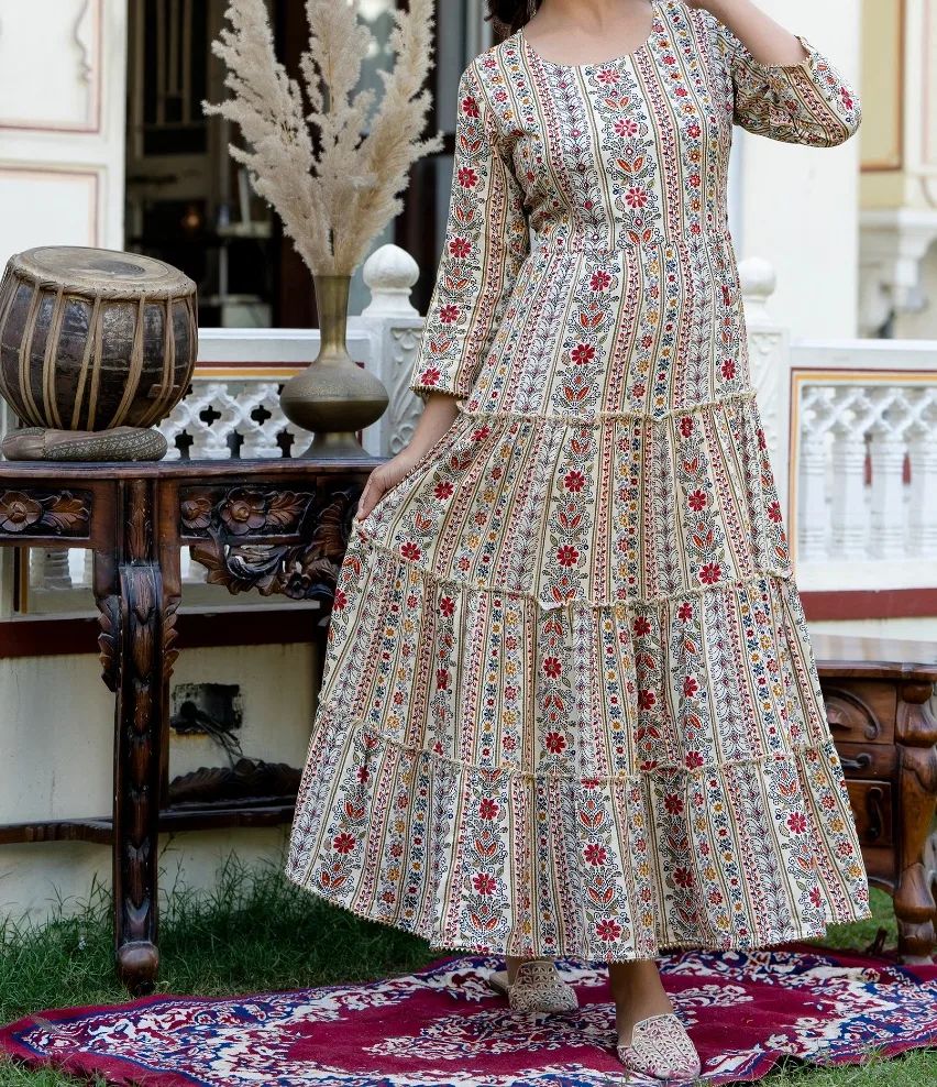 Cotton Suit multicolor printed cotton dress gown with floral patterns and tiered skirt design