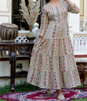 Cotton Suit multicolor printed cotton dress gown with floral patterns and tiered skirt design