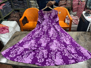 Purple cotton midi gown for women by  Cotton Suit with floral print and long sleeves