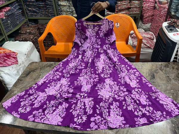 Purple cotton midi gown for women by  Cotton Suit with floral print and long sleeves
