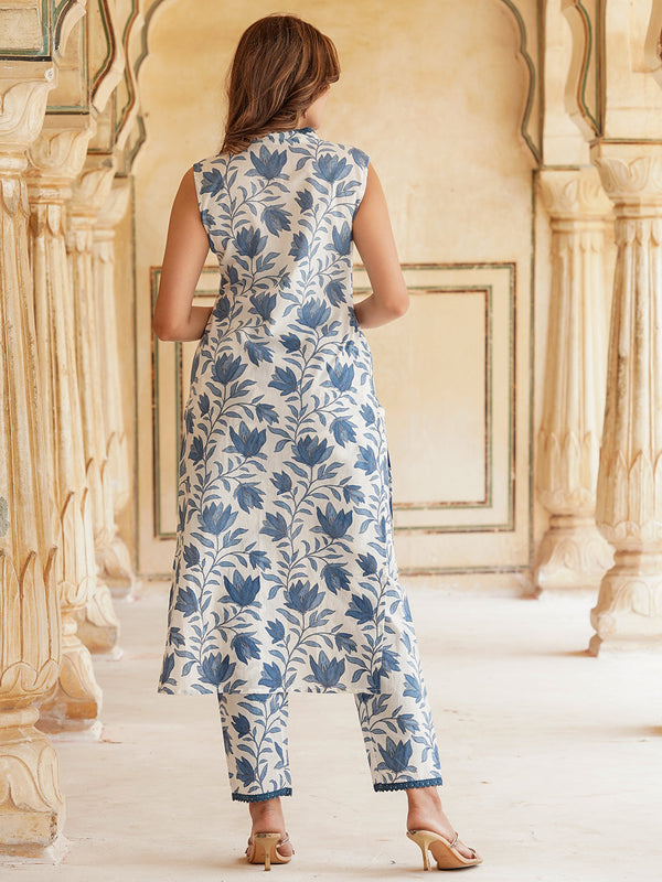 Cottonsuit sleeveless viscose rayon kurta pant set with blue floral print shown from back
