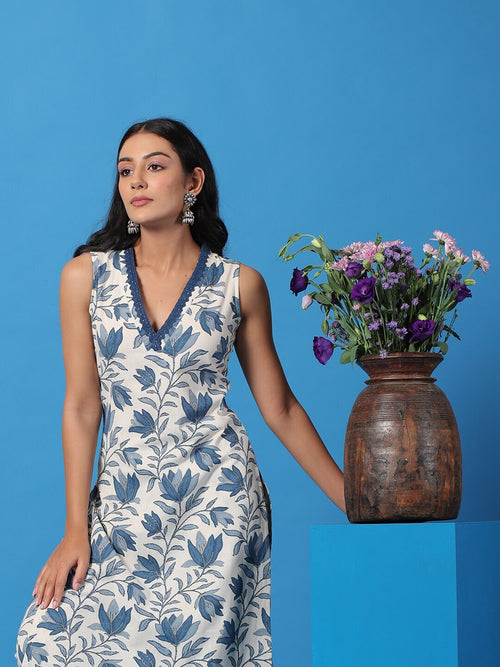 Cottonsuit sleeveless viscose rayon kurta pant set with blue floral print and V-neck design