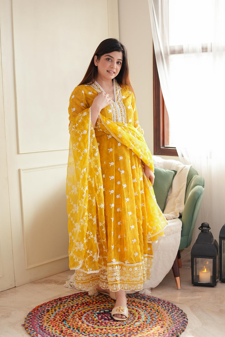 Yellow Schiffli Anarkali Suit Set