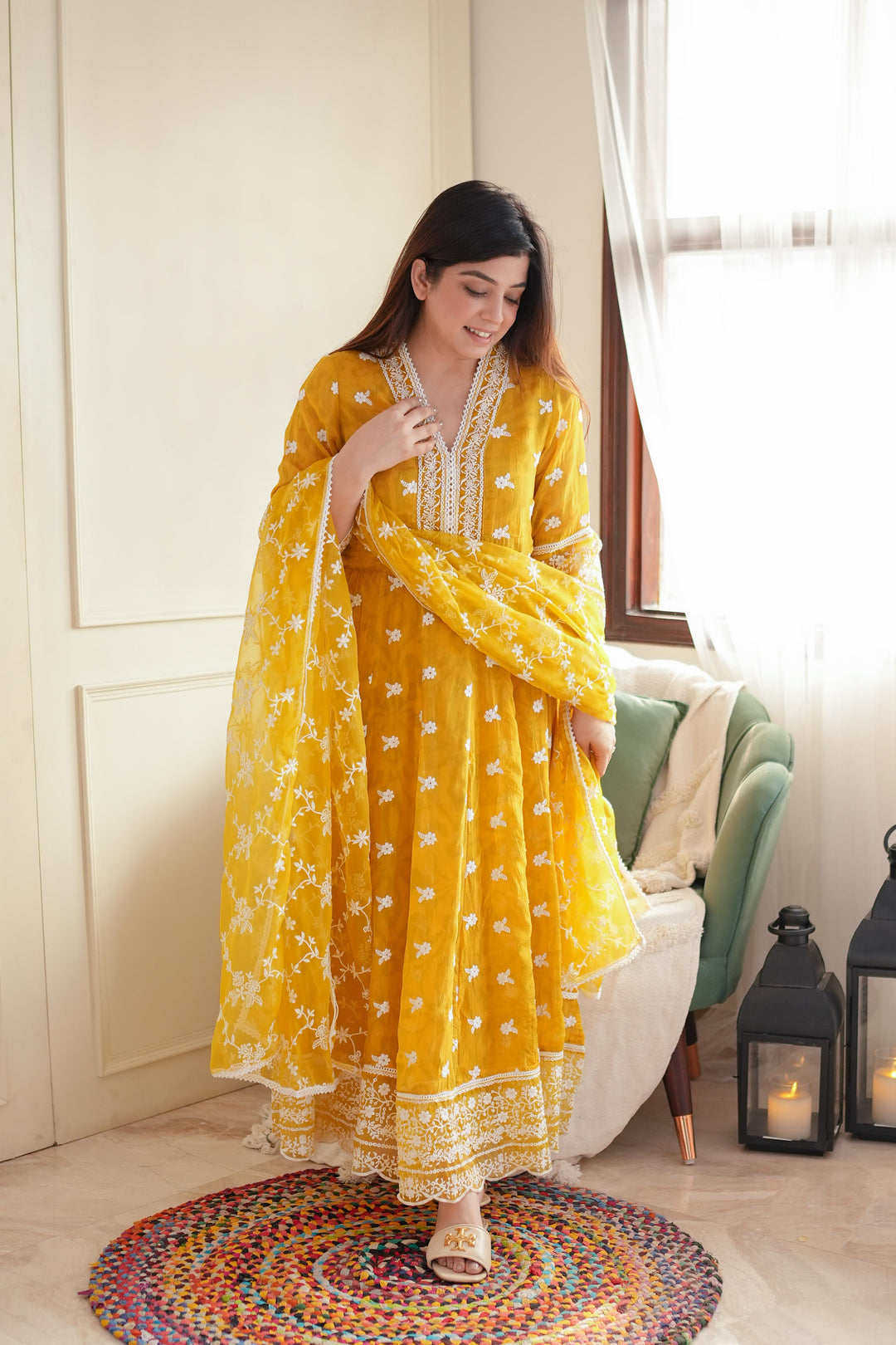 Yellow Schiffli Anarkali Suit Set