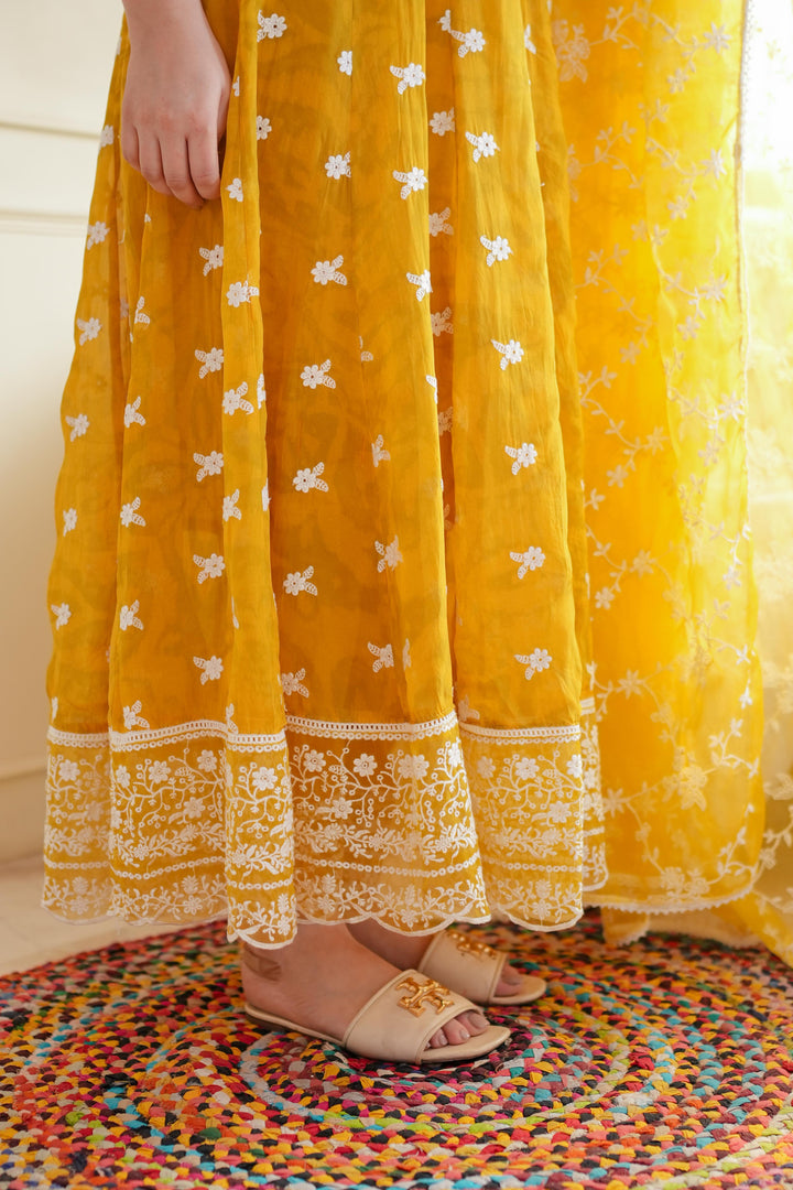 Yellow Schiffli Anarkali Suit Set