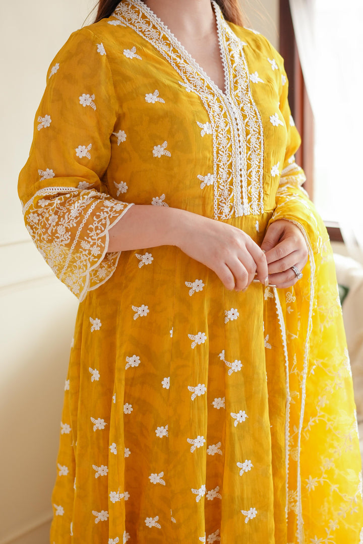 Yellow Schiffli Anarkali Suit Set