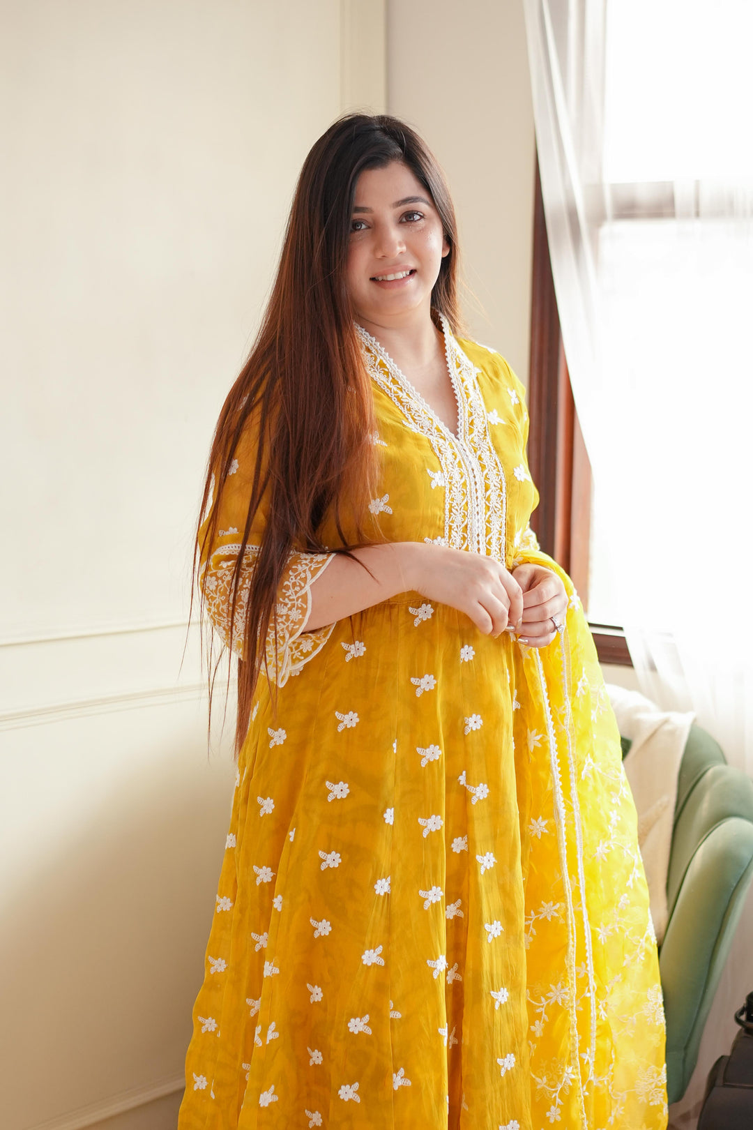 Yellow Schiffli Anarkali Suit Set