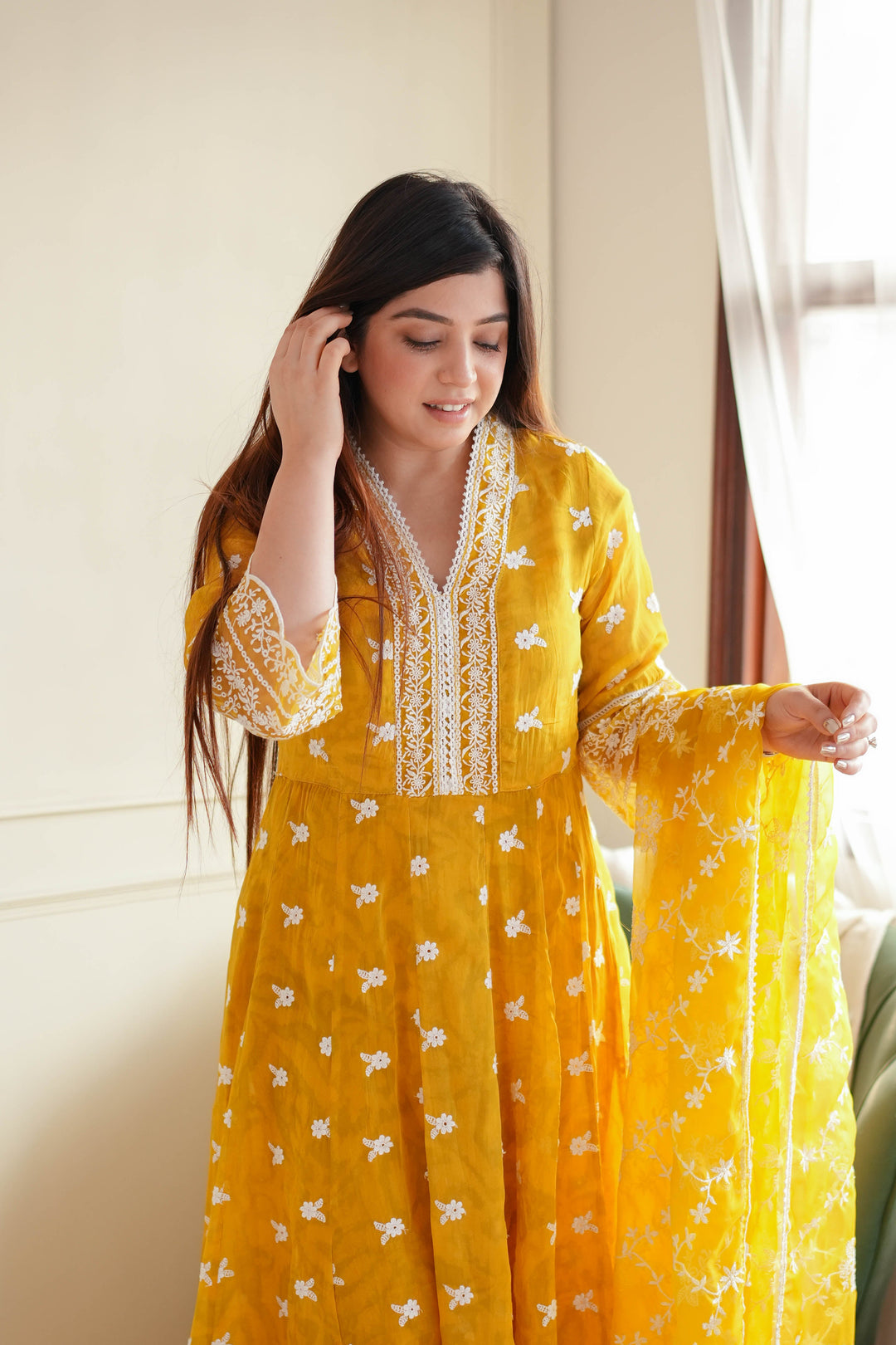 Yellow Schiffli Anarkali Suit Set