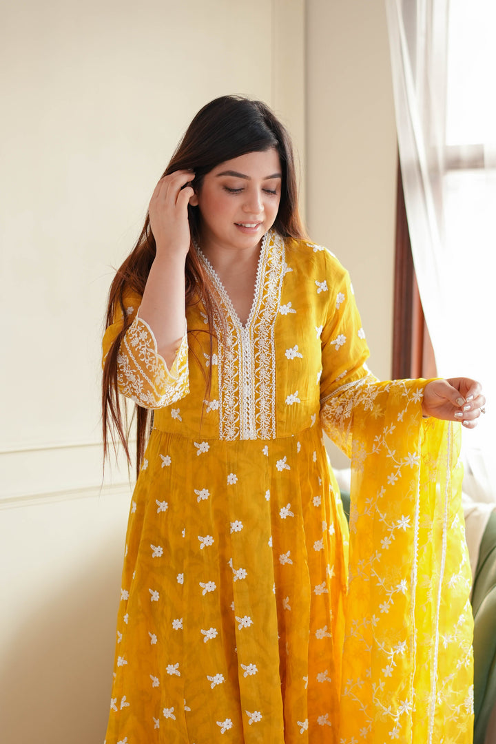 Yellow Schiffli Anarkali Suit Set