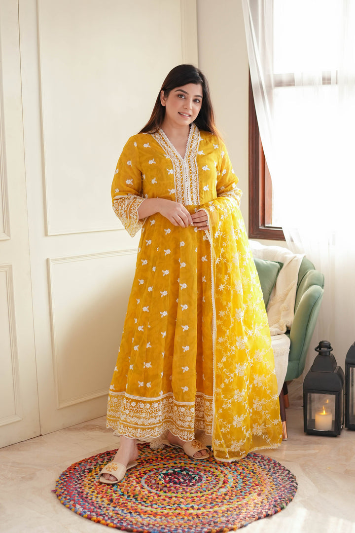 Yellow Schiffli Anarkali Suit Set