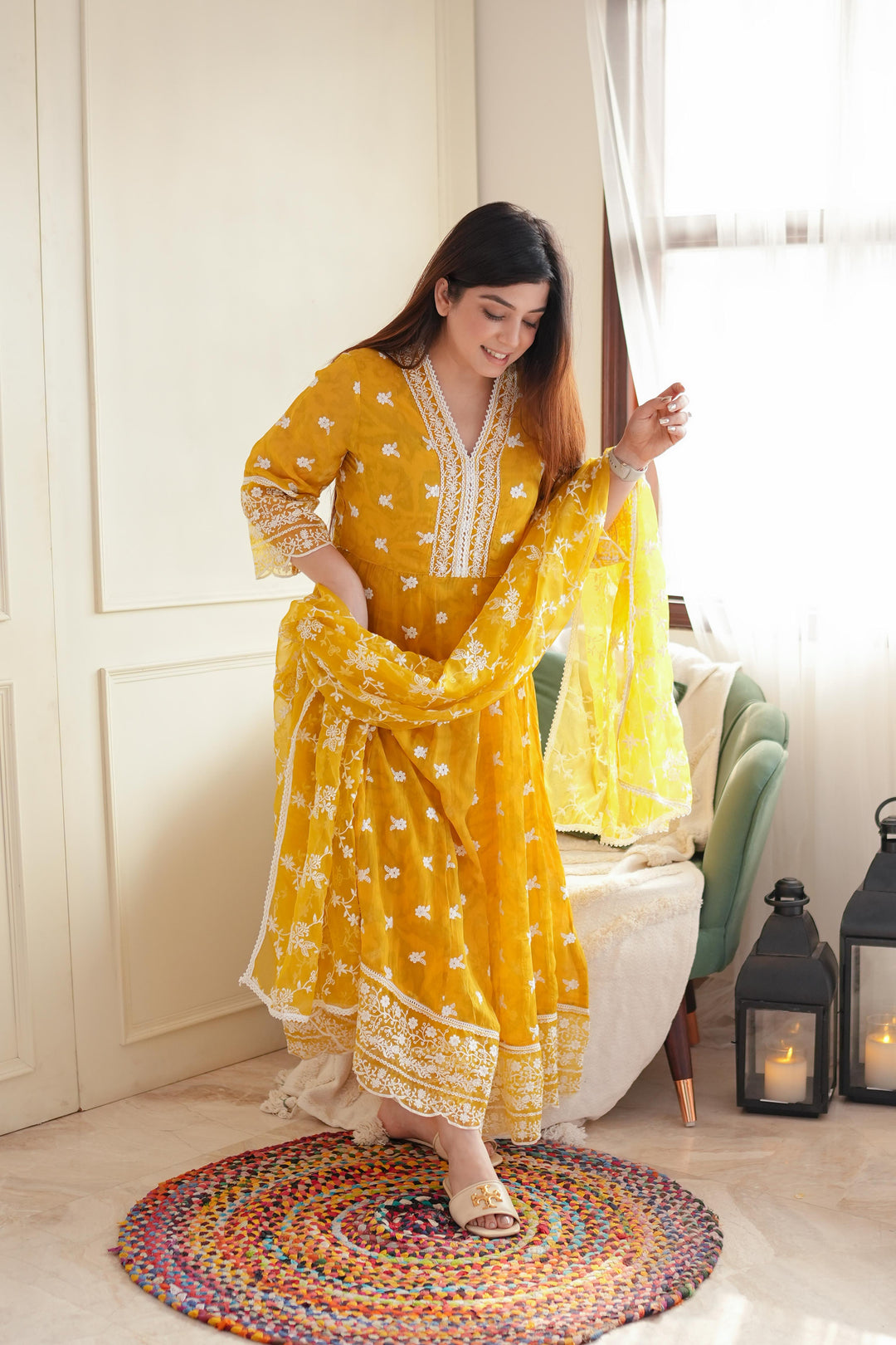 Yellow Schiffli Anarkali Suit Set