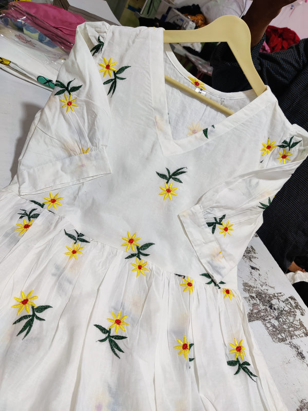  Cotton Suit white cotton embroidered midi dress with yellow floral embroidery and V-neck design on hanger