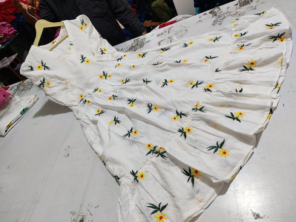  Cotton Suit white cotton embroidered midi dress with yellow floral patterns spread out on table