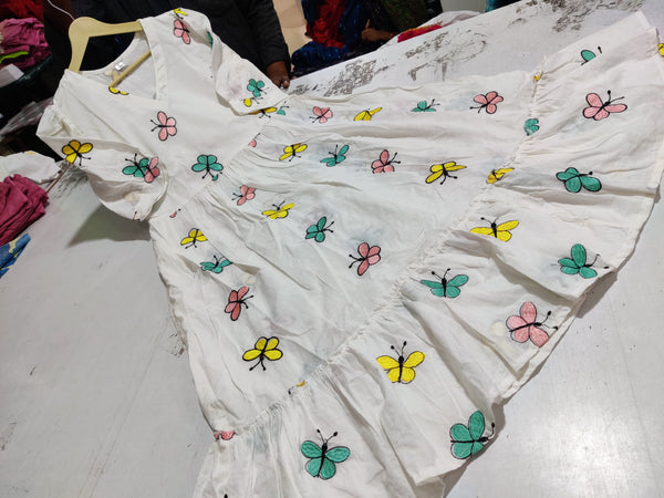  Cotton Suit white cotton midi dress for women with colorful butterfly prints and puff sleeves